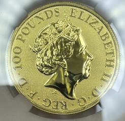 Золотая монета Великобритании 100 фунтов "Йель Бофорта" 2019 года 31,1 г. в слабе ННР MS 70